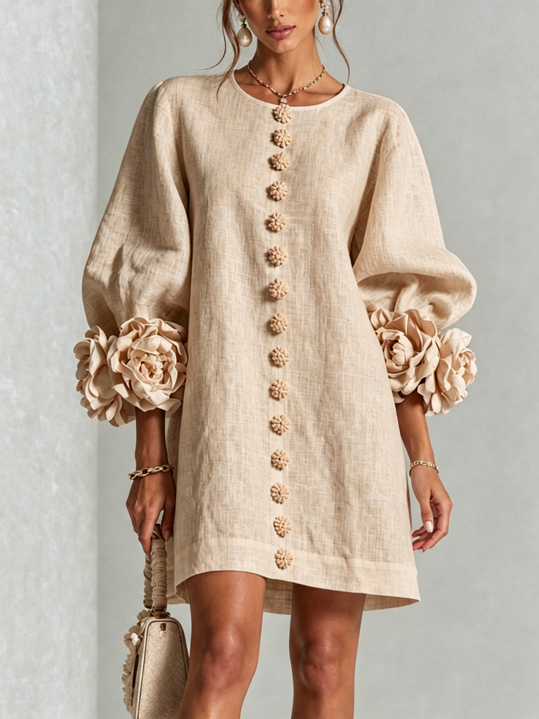 Andrea - Elegantní Mini Šaty s Květinovými Knoflíky