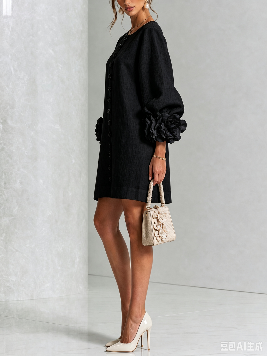 Andrea - Elegantní Mini Šaty s Květinovými Knoflíky