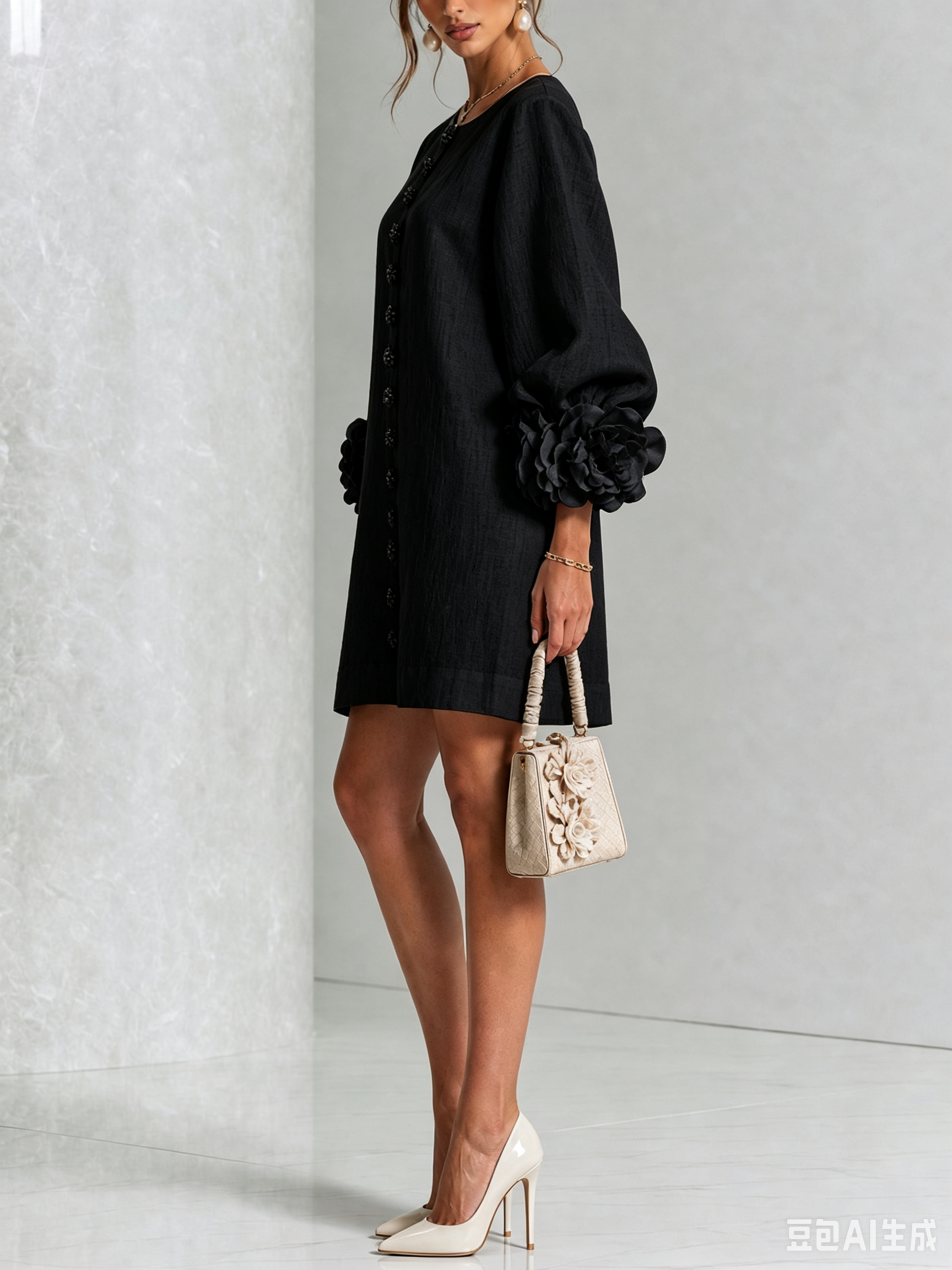 Andrea - Elegantní Mini Šaty s Květinovými Knoflíky