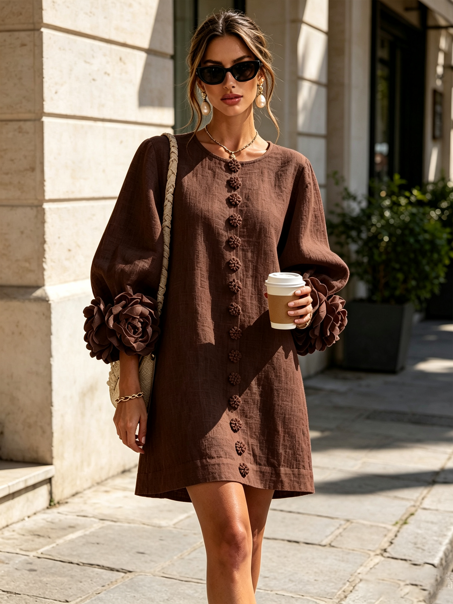 Andrea - Elegantní Mini Šaty s Květinovými Knoflíky