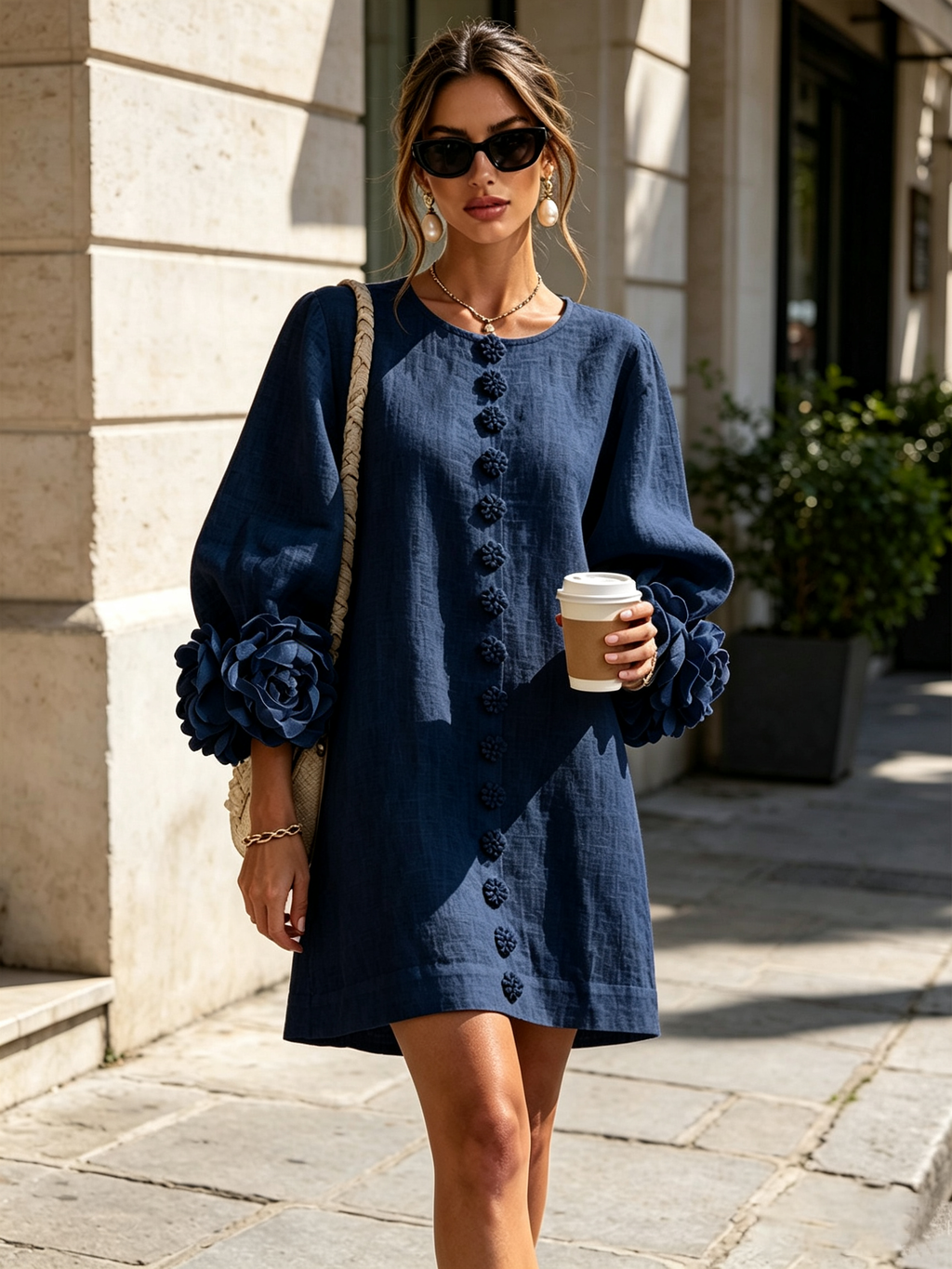 Andrea - Elegantní Mini Šaty s Květinovými Knoflíky