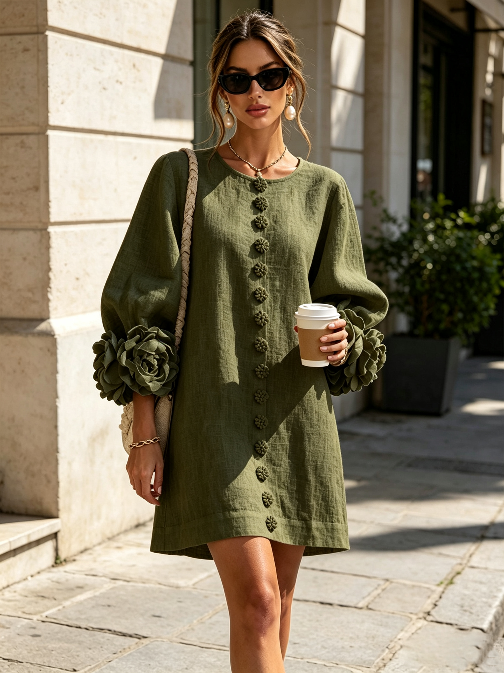 Andrea - Elegantní Mini Šaty s Květinovými Knoflíky