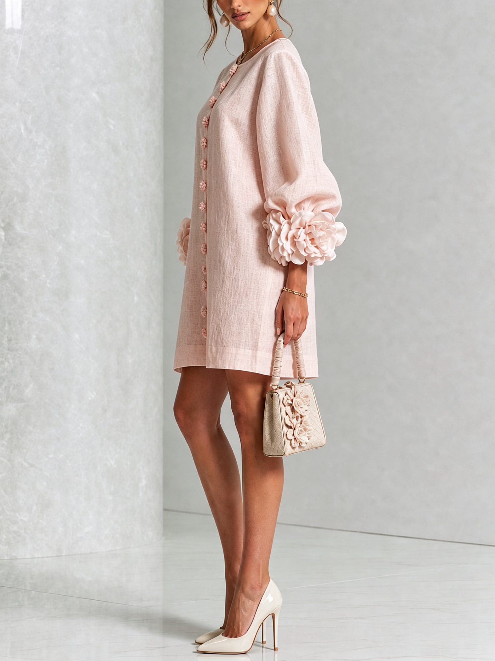 Andrea - Elegantní Mini Šaty s Květinovými Knoflíky