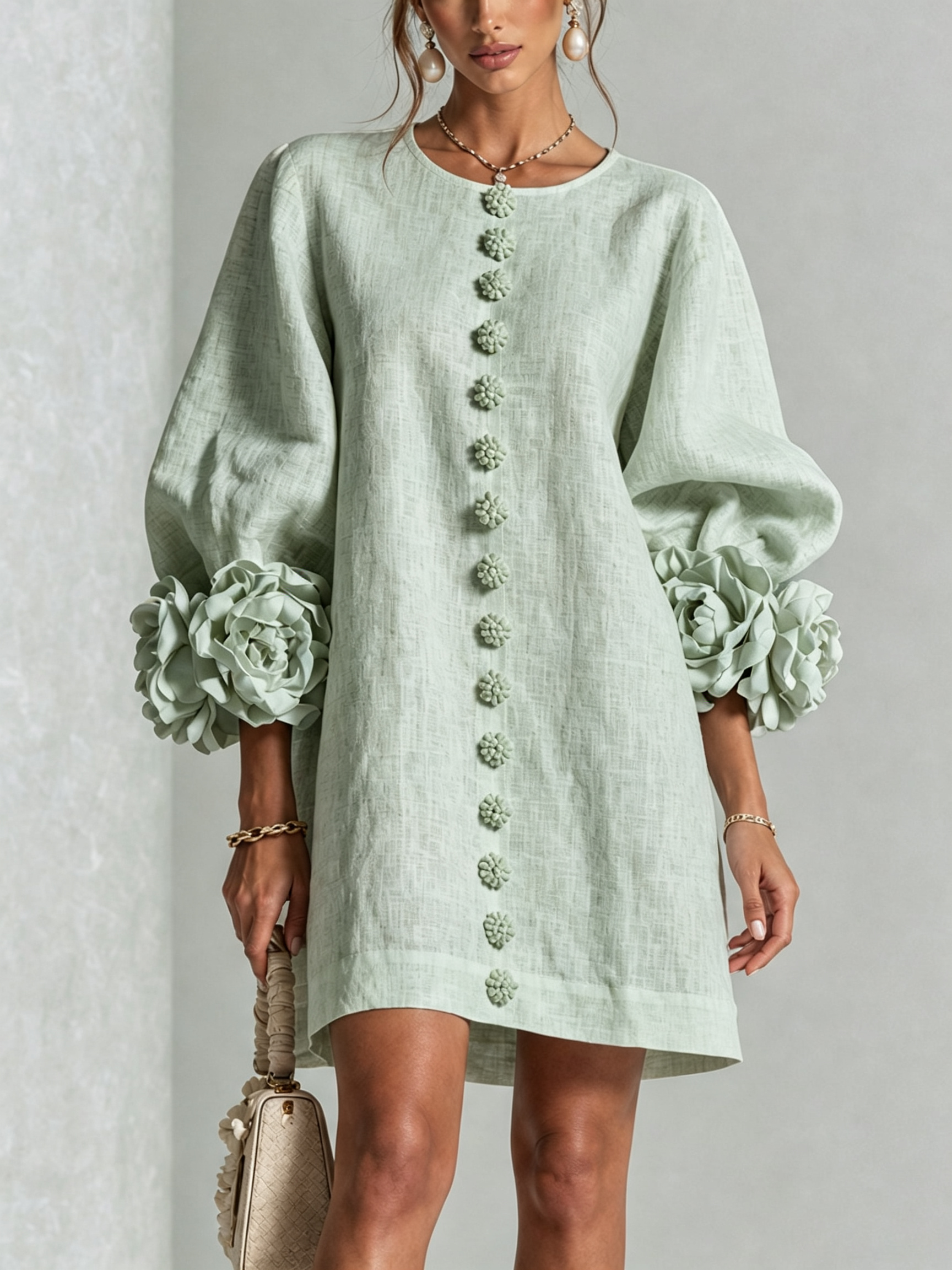 Andrea - Elegantní Mini Šaty s Květinovými Knoflíky