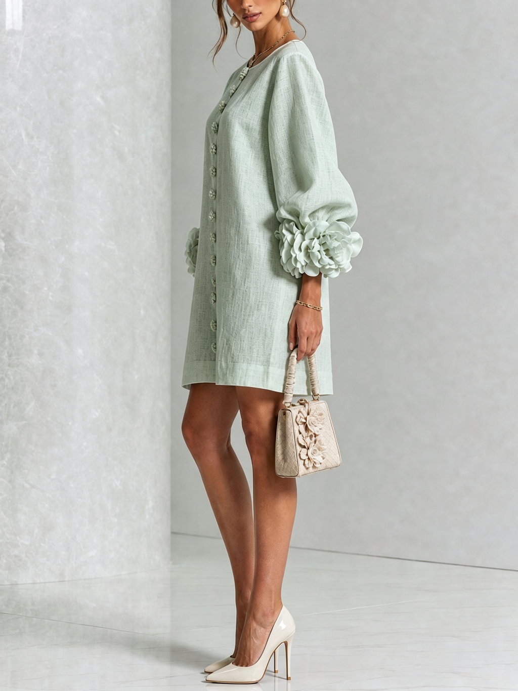 Andrea - Elegantní Mini Šaty s Květinovými Knoflíky