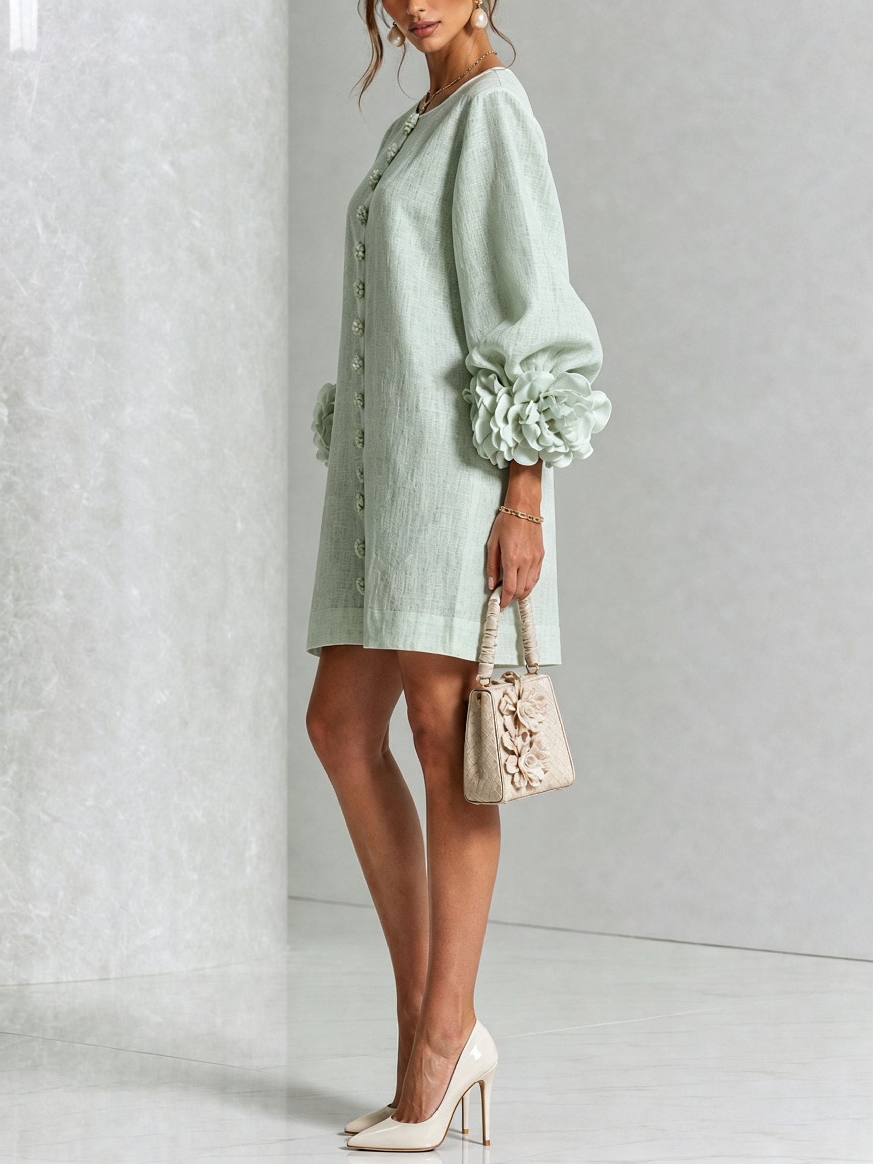 Andrea - Elegantní Mini Šaty s Květinovými Knoflíky